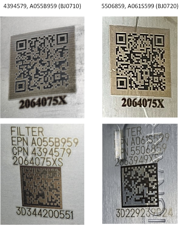 Photos of part number blocks on Cummins DPFs. Two photos of 2064075X, one photo of 4394579/A055B959 (Skyline BJ0710) and 5506859/A061S599 (Skyline BJ0720)
